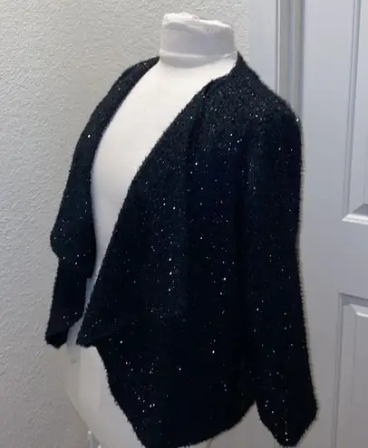 Vintage Susan Burrowes Black & Silver Fluffy Open Cardigan Sweater EUC Sz 10