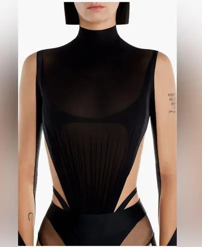 MUGLER Panelled Long Sleeve Illusion Mesh Cut Out Bodysuit Top, Size 44. $975 Black