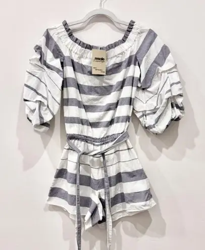 Alexis Striped Off-the-Shoulder Belted Short Romper Gray/White Women's Size S