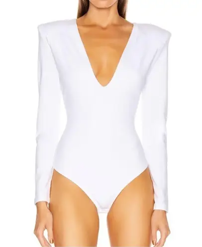 GRLFRND Eryka Long Sleeve Jersey Knit Paddle Thong Bodysuit in White