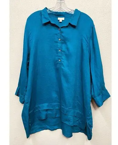 J. Jill Love 100% Linen Shirt Tunic Popover XL Turquoise 3/4 Sleeve Beach Office Blue