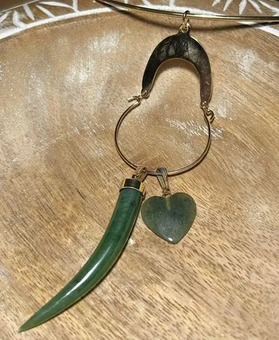 Vintage Gold Tone Choker Green Jade Horn & Heart Pendant Necklace
