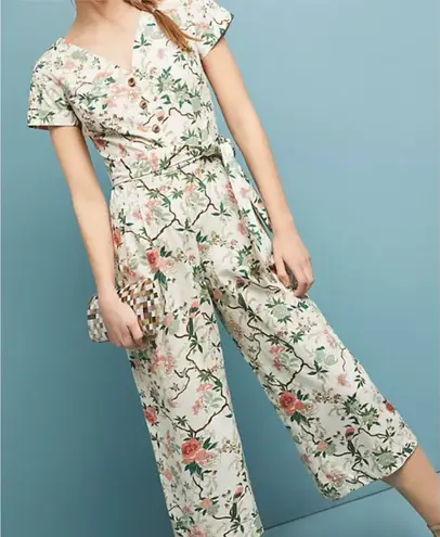 Gal Meets Glam Sophie Cropped Floral Jumpsuit Size 6 Cream Wide Leg