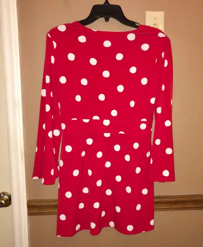 Oscar de la Renta Faux Wrap Polka Dot V Neck Tunic Red White Medium