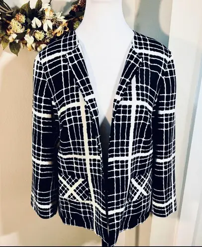 Pendleton Black & White Open Front Silk Jacket 3/4 Sleeve w/ Pockets Sz 10💛