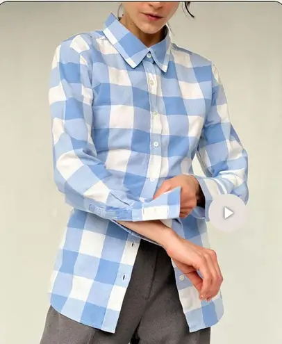 Norma Kamali Blue and White Gingham Checked Button Up Vintage Sz XL