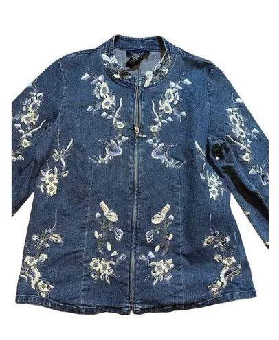 Vintage Denim & Co floral embroidered denim zip up jacket sz M womens cottagecor Blue Size M