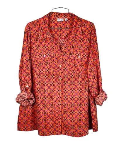 kim rogers  Curvy Button Up Blouse Geometric Print Orange Pink Women Plus Size 2X