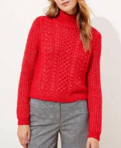 Loft  Mock Neck Wool Blend Cable Knit Turtle Neck Sweater Red Large