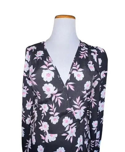 Yumi Kim Tucked Away Duchess Wrap Dress Black Pink Floral Women XS Long Sleeves