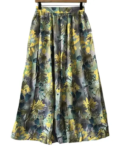 Sag Harbor Floral Print Midi Skirt Womens Small Rayon Blend Green Yellow