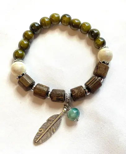 Olive Green Bracelet Silver Feather Charm Brown Turquoise Boho Ceramic Stretchy