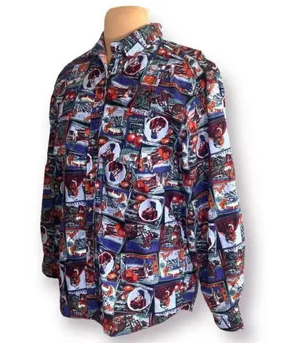 Vintage Mine & Bills Outfitters Shirt Western Button Up Retro Orange Crate Art Size L