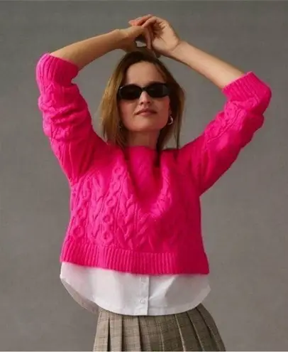 Maeve by Anthropologie Cable-Knit Layered Pullover Sweater Hot Pink White Small