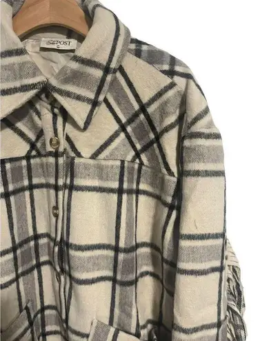 The Post Shacket Womens Large Plaid Fringed Flannel Jacket Western Full Button Gray