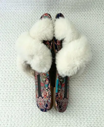 Johnny Was  Ivory Faux Fur Trim Indy X Paisley Print Slippers Women 9