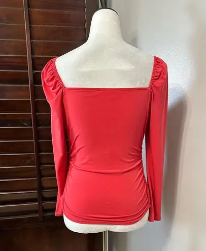 Abound  Womens Casual Top Red 3/4 Sleeve Stretch Ruched Square Neck M New