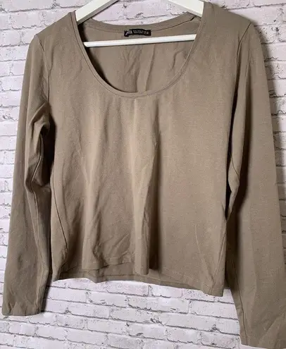 ZARA Womens Size L Beige Taupe Long Sleeve‎ Crew Neck Cropped Crop Top T Shirt