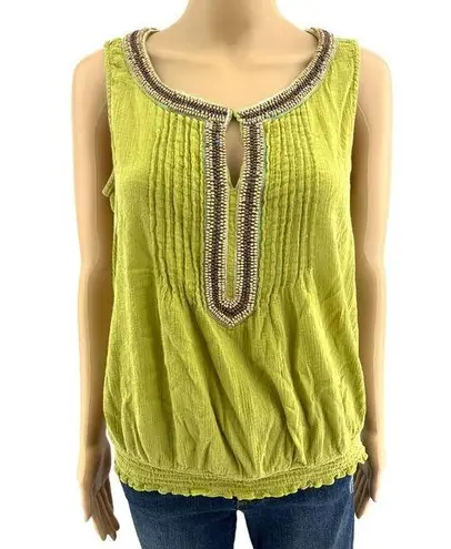 st. john's bay St. John’s Bay (L) Green Sleeveless Beaded Boho Peasant Blouse Top