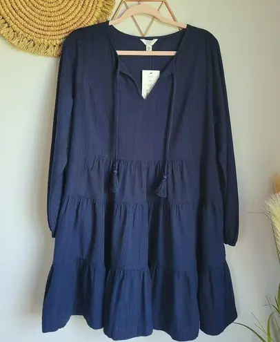 Crown & Ivy, New Navy Blue Embroidered Tassel Peasant Dress Size Large Petite