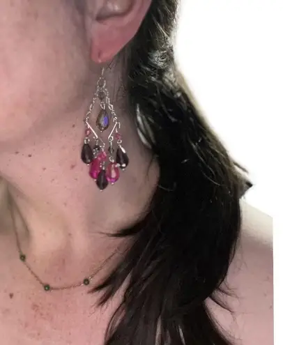 Pink & Purple Crystal Chandelier Drop Earrings French Hooks Pierced Ears Women Purple