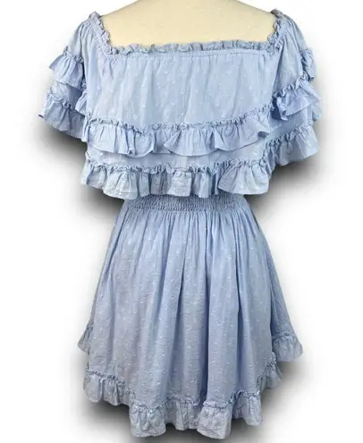 INDIKAH Off Shoulder Ruffle Mini Dress Smocked Waist Lined Light Blue Size XS