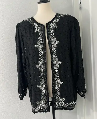 New Vintage Style & Design Med Silk Black and White Floral Beaded Formal Jacket