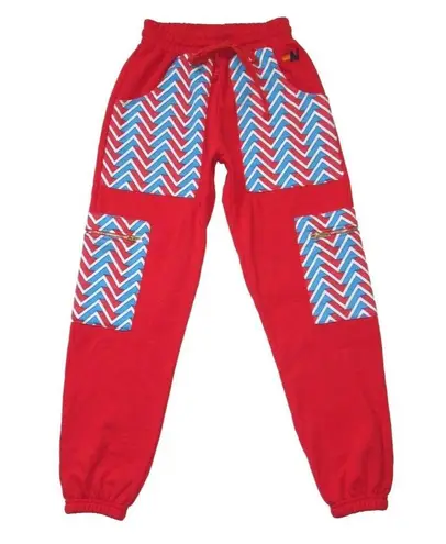 Aviator Nation NWT Geo Big Lightening Bolt Cargo Sweatpants in Red Blue Sweats S