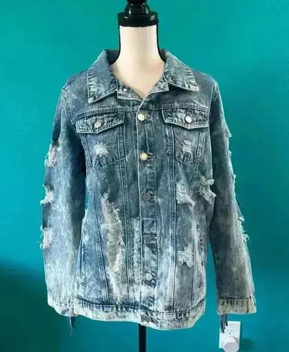 Fantastic Fawn Blue Fringed Western Distressed Denim Jacket Womens Size M