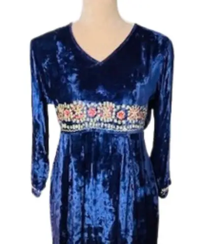 April Cornell Victorian Crushed Velvet Cottagecore Embroidered Midi Dress XS Blue