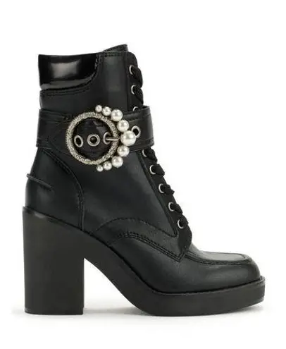 Karl Lagerfeld Black Leather Pearl Dottie Lace-Up Ankle Boots Heels Booties