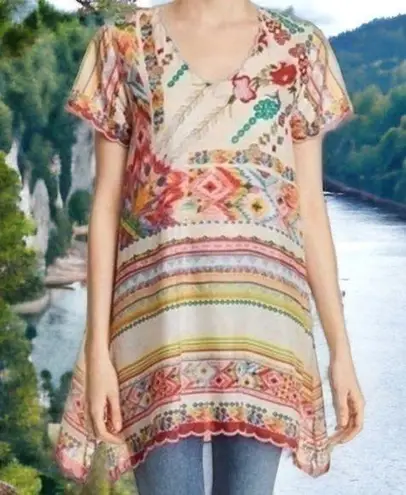 Johnny Was Tulum Tunic Silk Scallop Hem Geometric Floral Short Sleeve