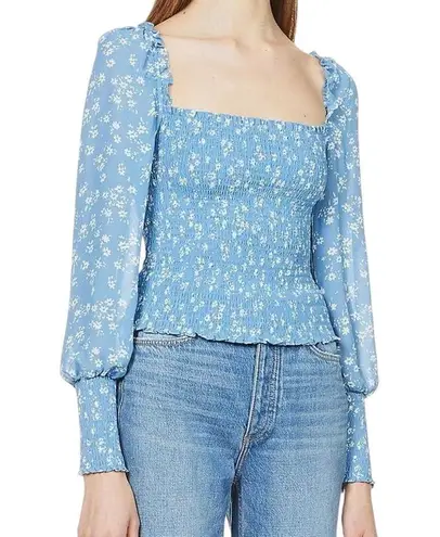 Reformation  Pinto Blue Floral Print Smocked Crepe Top