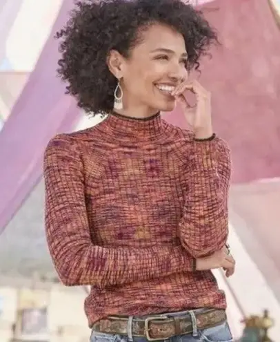 Sundance Mock Neck Longsleeve Ribbed Sweater Boho in Earth Tone Multicolor XL Orange - Image 1