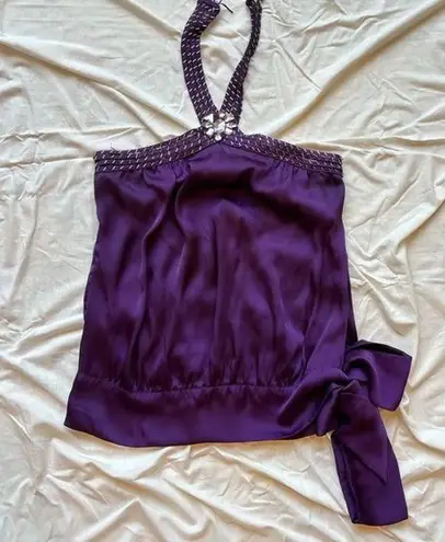 Marine Blu purple rhinestone satin halter tank top with bow on the side Size M - Image 1