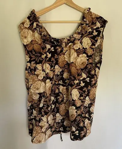 vintage floral vest lie up summery beige black floral top lightweight shirt M Brown Size M