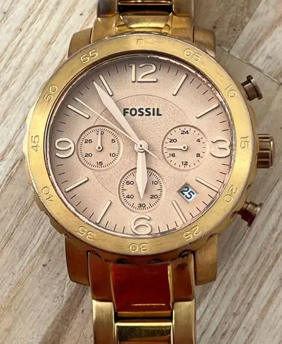 Fossil Boyfriend Chronograph Ladies Watch Rose Gold Tone Case Bracelet Dial Date