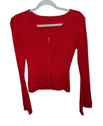 Red Ribbed Knit Zip Up Cardigan Bell Sleeve Cropped Sweater Top Red Size M