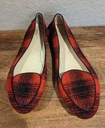 J.Jill  red plaid, tartan pattern, flats, slip on shoes, size 11 ￼