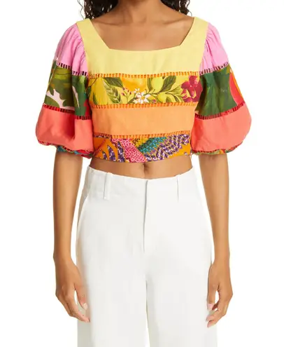Farm Rio Tiered Top Rainbow Mixed Print Cropped Linen Multicolor Puff Sleeve Sm
