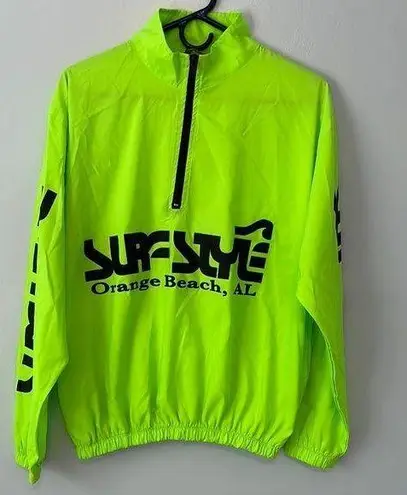 Vintage Surf Style Pullover Quarter Zip Windbreaker Neon Green Black Size Large Yellow