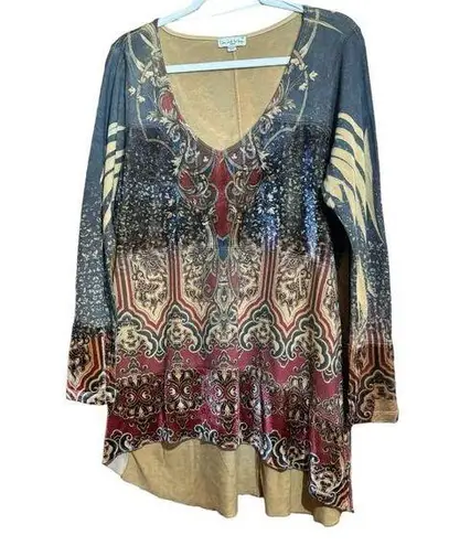 Live and let live  Tunic Top Womens 1X Multicolor Boho Artsy Print Scoop Blouse