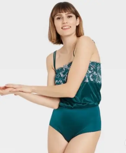 NWT Auden Teal Square Neck Floral Satin Bodysuit Size M