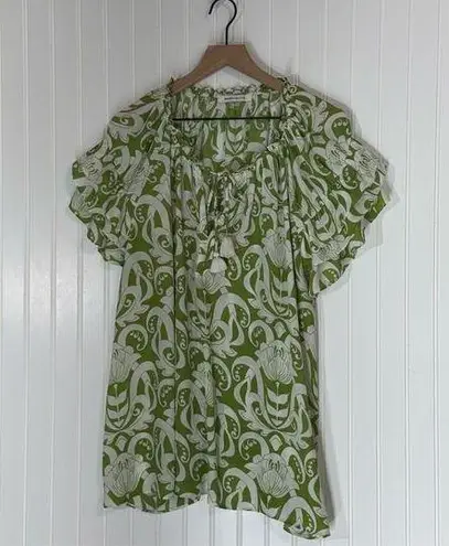 Rose + Olive Green White Floral Peasant Blouse Tassel Tie Boho Cottagecore L/XL Size 1X