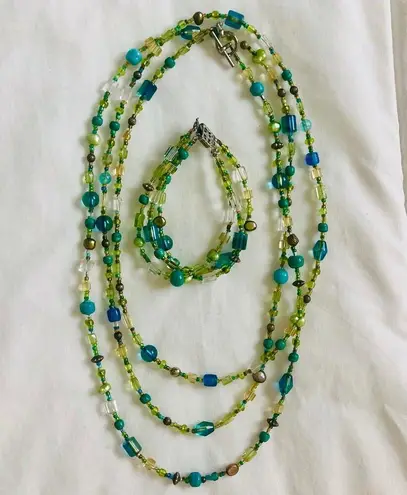 Handmade Beaded blue green necklace bracelet set, faux pearls, seed, glass & resin beads