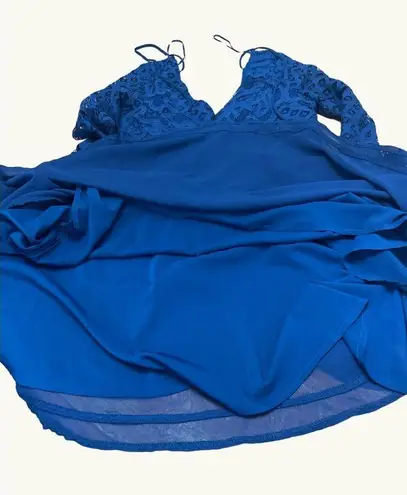 Navy Blue Lace Long Sleeve VNeck Lace Chiffon Dress Flared Sleeves Back Tie Sz S