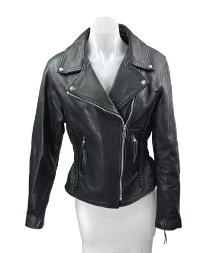 Interstate Leather Genuine Black Long Sleeve Zip Up Biker Motorcycle Jacket XS