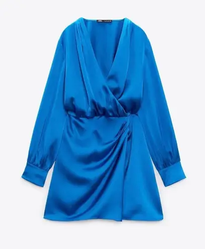 ZARA Dress blue long sleeve draped wrapped mini party cocktail wedding