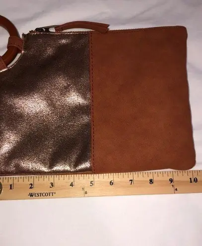 Wristlet Handbag Brown Gold Metallic Purse Vegan Leather Zip Top NEW