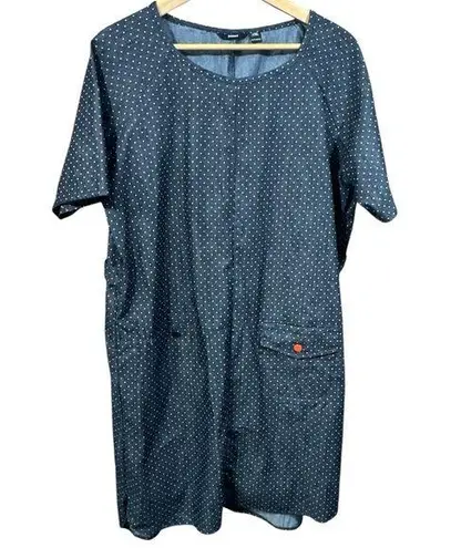 Betabrand Black and White Polka Dot Denim Farmer Market Midi Smock Dress